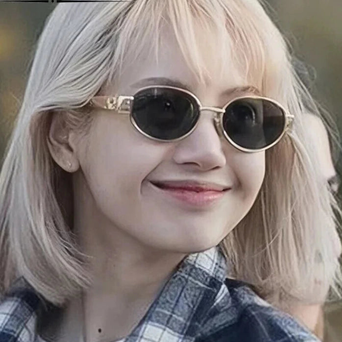 Amiriva retro 90s oval pilot sunglasses with green UV400 gradient lenses and black metal frame for men and women