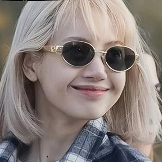 Amiriva retro 90s oval pilot sunglasses with green UV400 gradient lenses and black metal frame for men and women