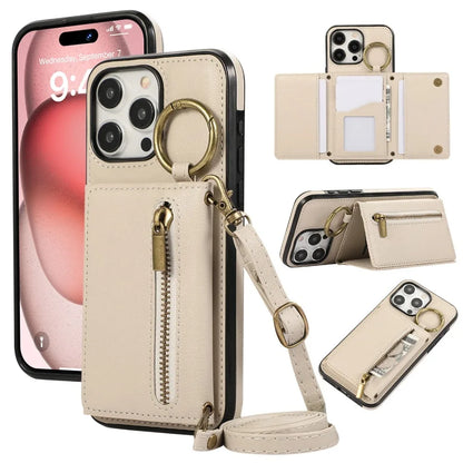 Zipper card holder leather phone case with ring and lanyard