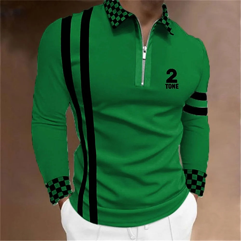 Amiriva Men’s Polo Shirt Golf Shirt with Plaid 3D Print, Long Sleeves, and Zipper Design – Sports Fashion Streetwear