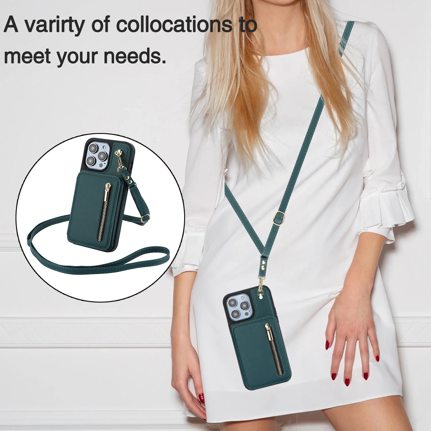Amiriva iPhone wallet case worn with lanyard as a crossbody bag for hands-free use