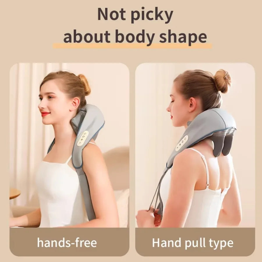 Amiriva Wireless Neck and Shoulder Massager with Heat Function, designed for relaxation and comfort, showing the ergonomic massager draped around a person's neck and shoulders.