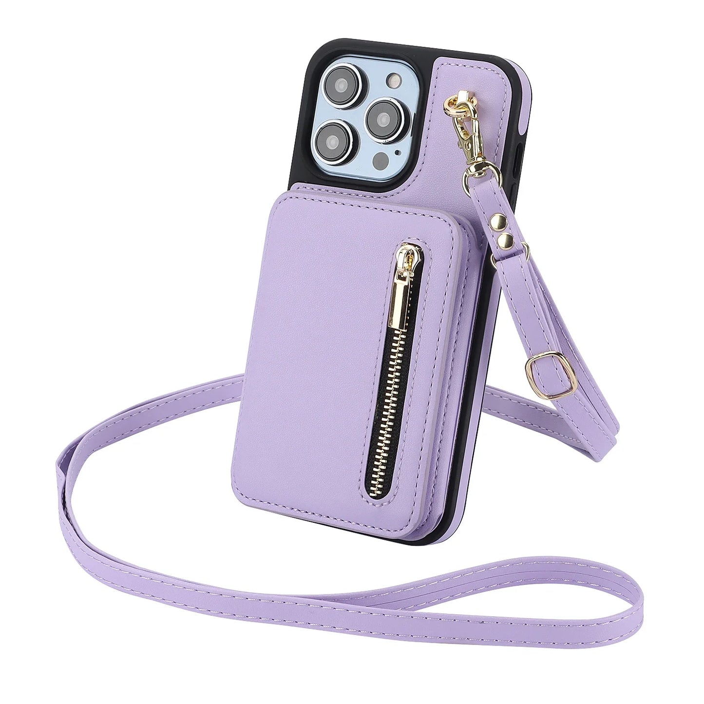 Amiriva iPhone wallet case worn with lanyard as a crossbody bag for hands-free use