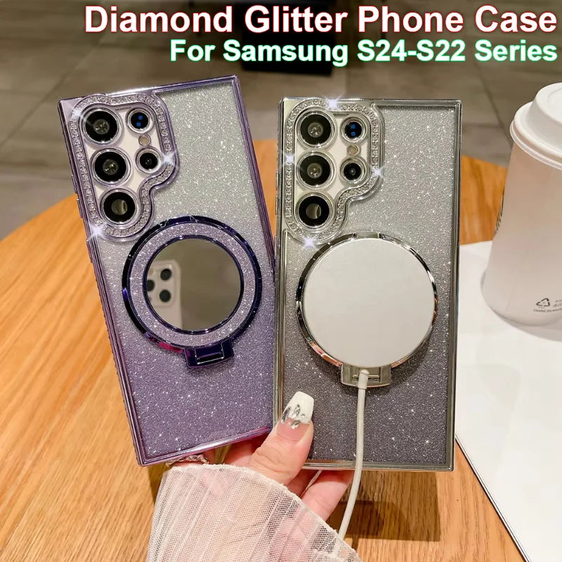 Luxury Glitter Mirror MagSafe Case for Samsung Galaxy S25 S24 S23 Ultra with Diamond Bracket and Fold Stand – Amiriva