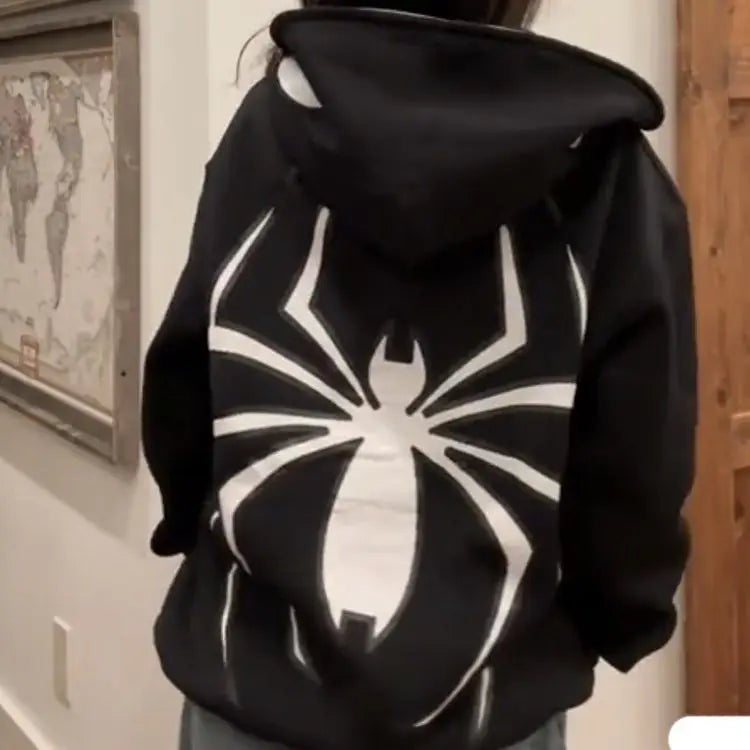 Amiriva women's Y2K spider print zip-up hoodie with loose fit and grunge hip hop design for autumn and winter casual wear