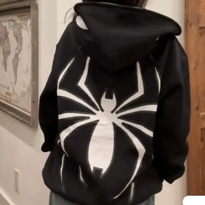 Amiriva women's Y2K spider print zip-up hoodie with loose fit and grunge hip hop design for autumn and winter casual wear