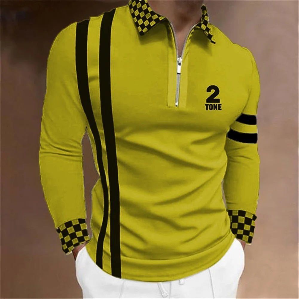 Amiriva Men’s Polo Shirt Golf Shirt with Plaid 3D Print, Long Sleeves, and Zipper Design – Sports Fashion Streetwear