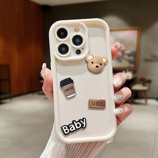 Cute 3D Bear Liquid Silicone Case For Iphone 14 15 16 Cartoon Soft Cover - (OF1002)