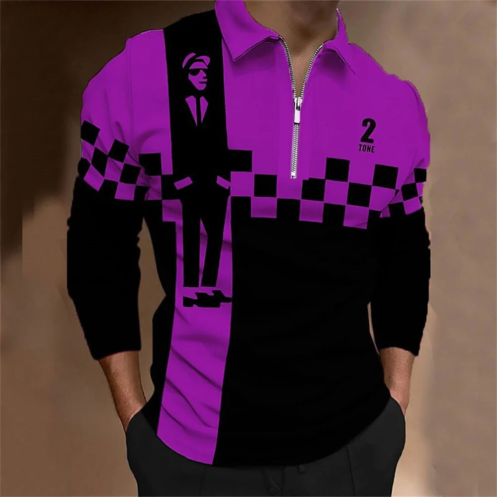 Amiriva Men’s Polo Shirt Golf Shirt with Plaid 3D Print, Long Sleeves, and Zipper Design – Sports Fashion Streetwear