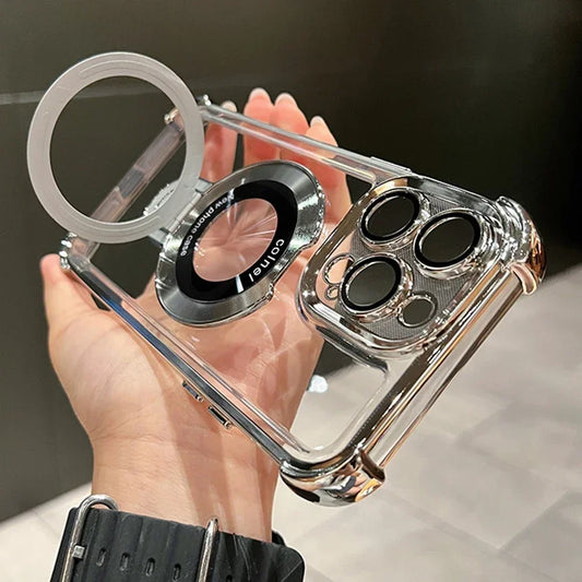 Amiriva clear magnetic iPhone case with luxury plating and built-in metal ring stand for iPhone