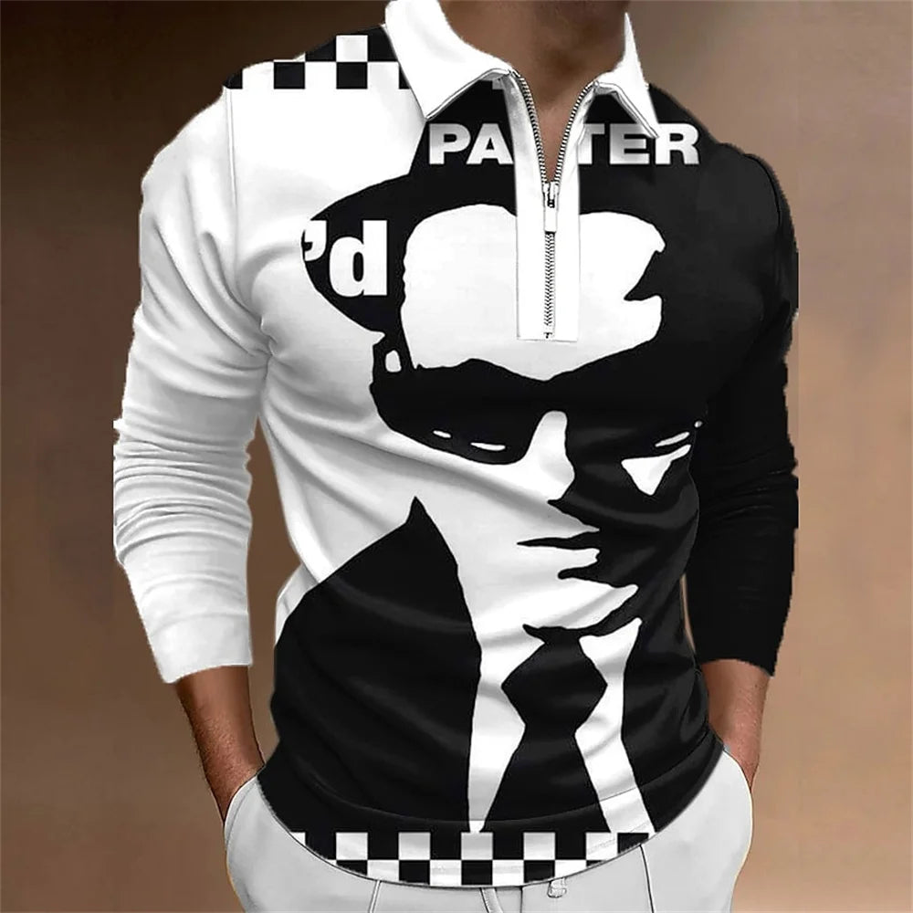 Amiriva Men’s Polo Shirt Golf Shirt with Plaid 3D Print, Long Sleeves, and Zipper Design – Sports Fashion Streetwear