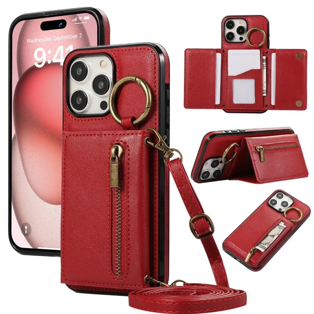 iPhone leather wallet case with built-in stand ring