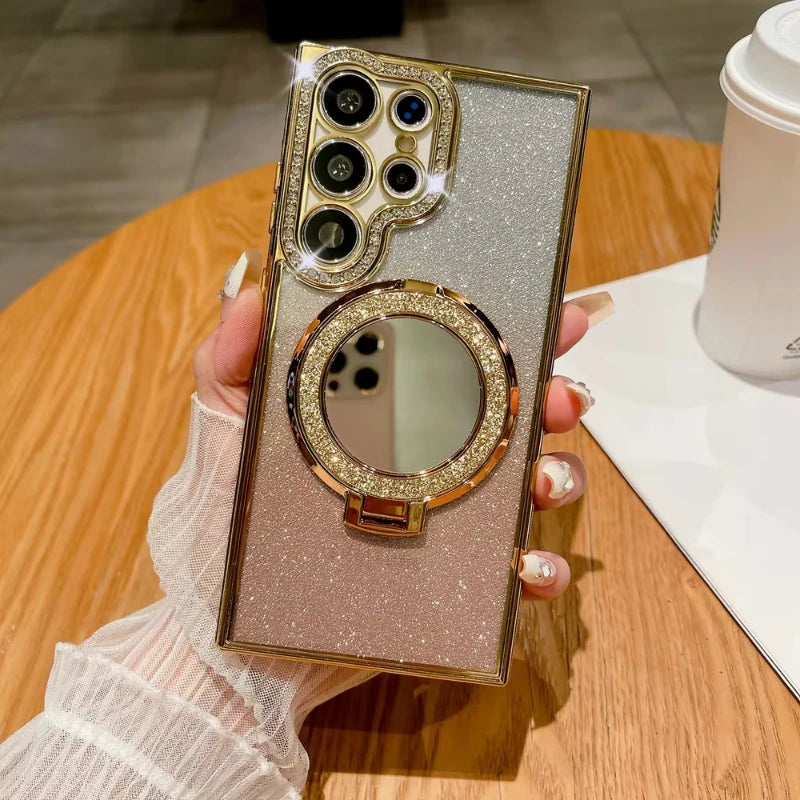 Luxury Glitter Mirror MagSafe Case for Samsung Galaxy S25 S24 S23 Ultra with Diamond Bracket and Fold Stand – Amiriva