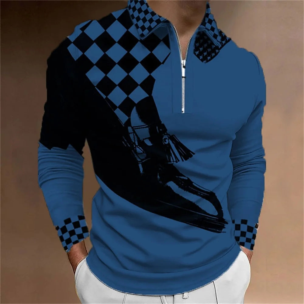 Amiriva Men’s Polo Shirt Golf Shirt with Plaid 3D Print, Long Sleeves, and Zipper Design – Sports Fashion Streetwear