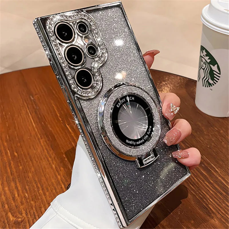 Luxury Bling Glitter Magnetic Stand Case for Samsung Galaxy S24 S23 Ultra with Diamond Frame & Kickstand – Amiriva