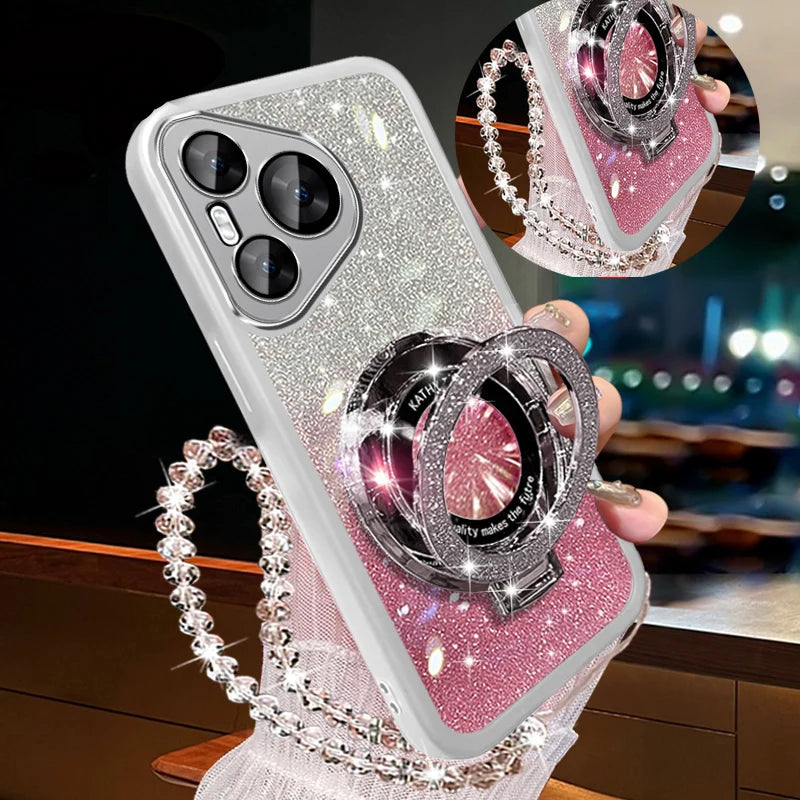 Glitter Crystal Bracelet Magsafe Phone Case for Samsung Galaxy S24 S23 S22 – Transparent Soft Silicone with Kickstand – Amiriva