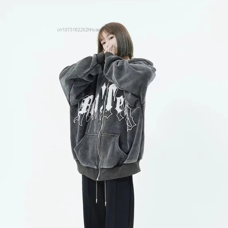 Amiriva oversized hip hop letter plush jacket hoodie with lantern sleeves, trendy Y2K grunge streetwear for men and women