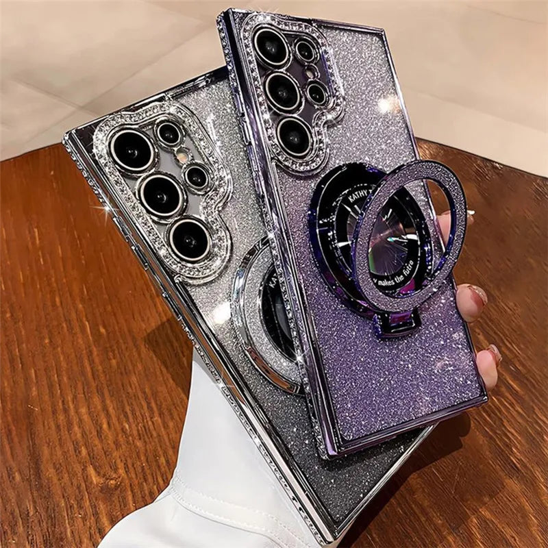 Luxury Bling Glitter Magnetic Stand Case for Samsung Galaxy S24 S23 Ultra with Diamond Frame & Kickstand – Amiriva