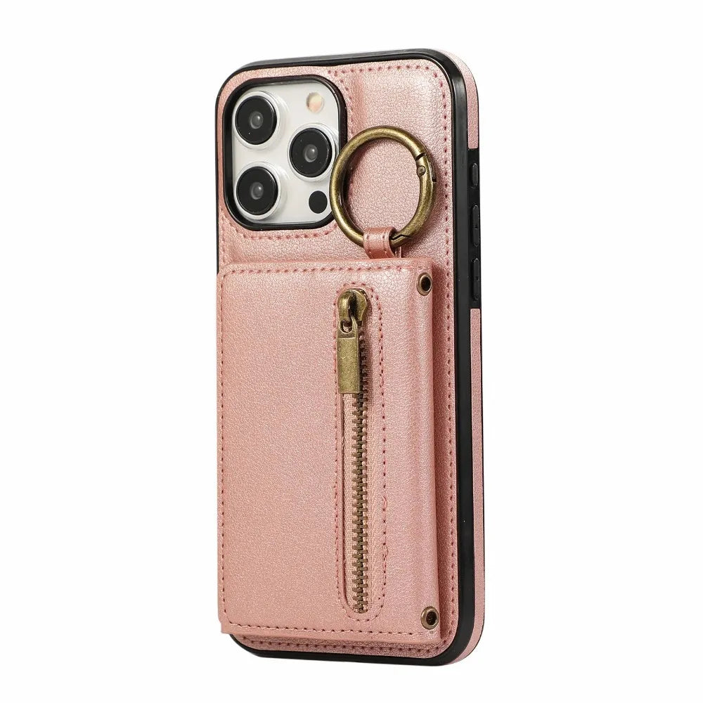 iPhone leather wallet case with built-in stand ring