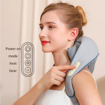 Amiriva Wireless Neck and Shoulder Massager with Heat Function, designed for relaxation and comfort, showing the ergonomic massager draped around a person's neck and shoulders.