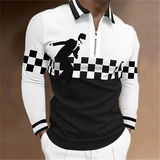 Amiriva Men’s Polo Shirt Golf Shirt with Plaid 3D Print, Long Sleeves, and Zipper Design – Sports Fashion Streetwear