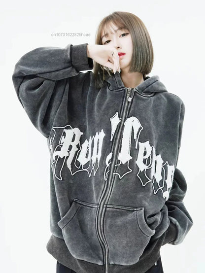 Amiriva oversized hip hop letter plush jacket hoodie with lantern sleeves, trendy Y2K grunge streetwear for men and women
