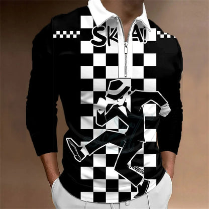 Amiriva Men’s Polo Shirt Golf Shirt with Plaid 3D Print, Long Sleeves, and Zipper Design – Sports Fashion Streetwear