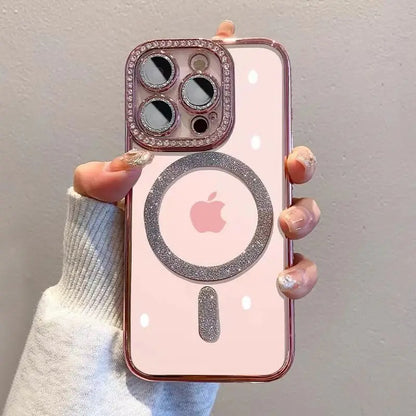 Bling Glitter iPhone 16 Case with Rhinestones – MagSafe Compatible, Shockproof, Pink Glitter Cover for iPhone 16, Pro Max, Plus - (KR1006)