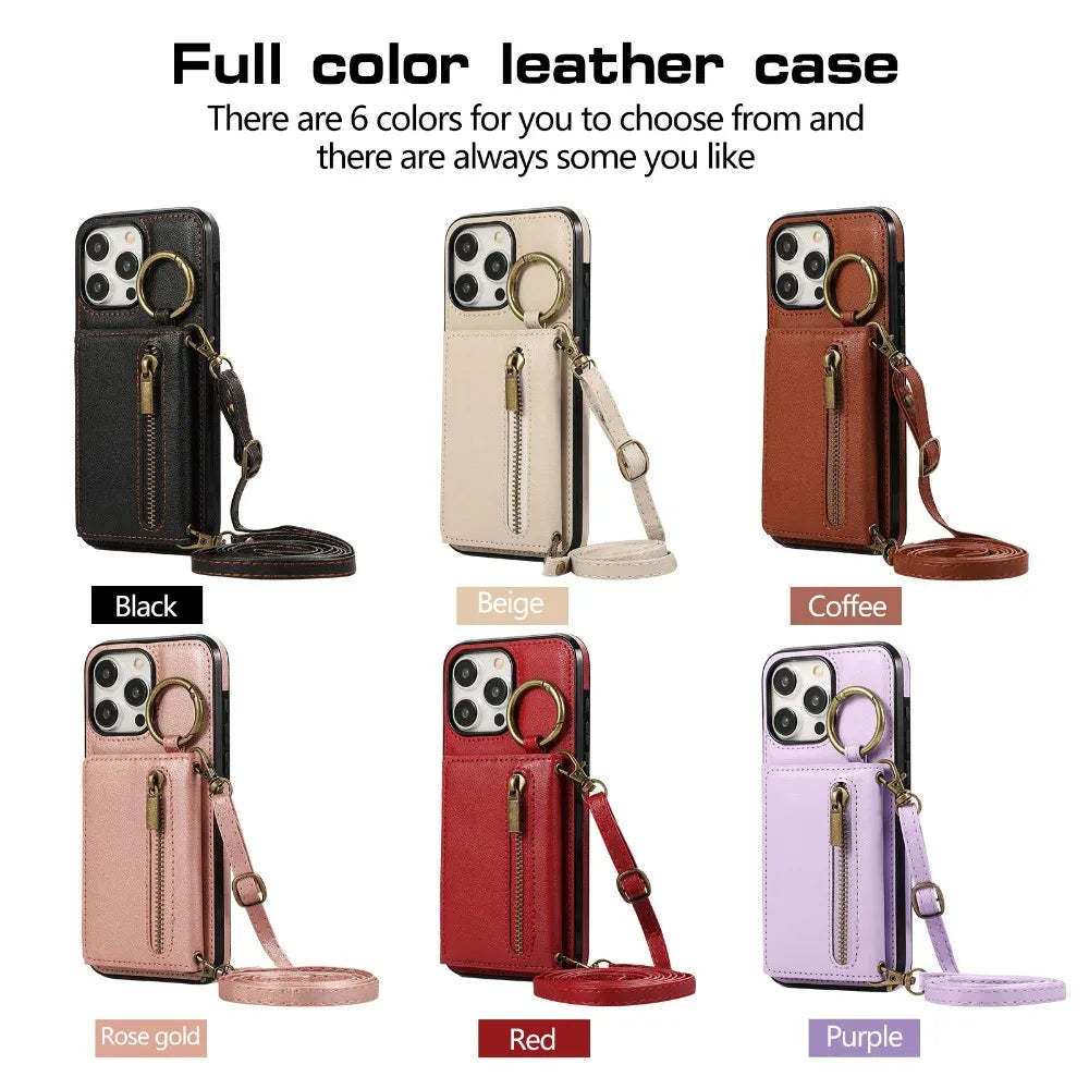 Zipper card holder leather phone case with ring and lanyard