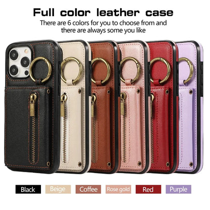 Zipper card holder leather phone case with ring and lanyard