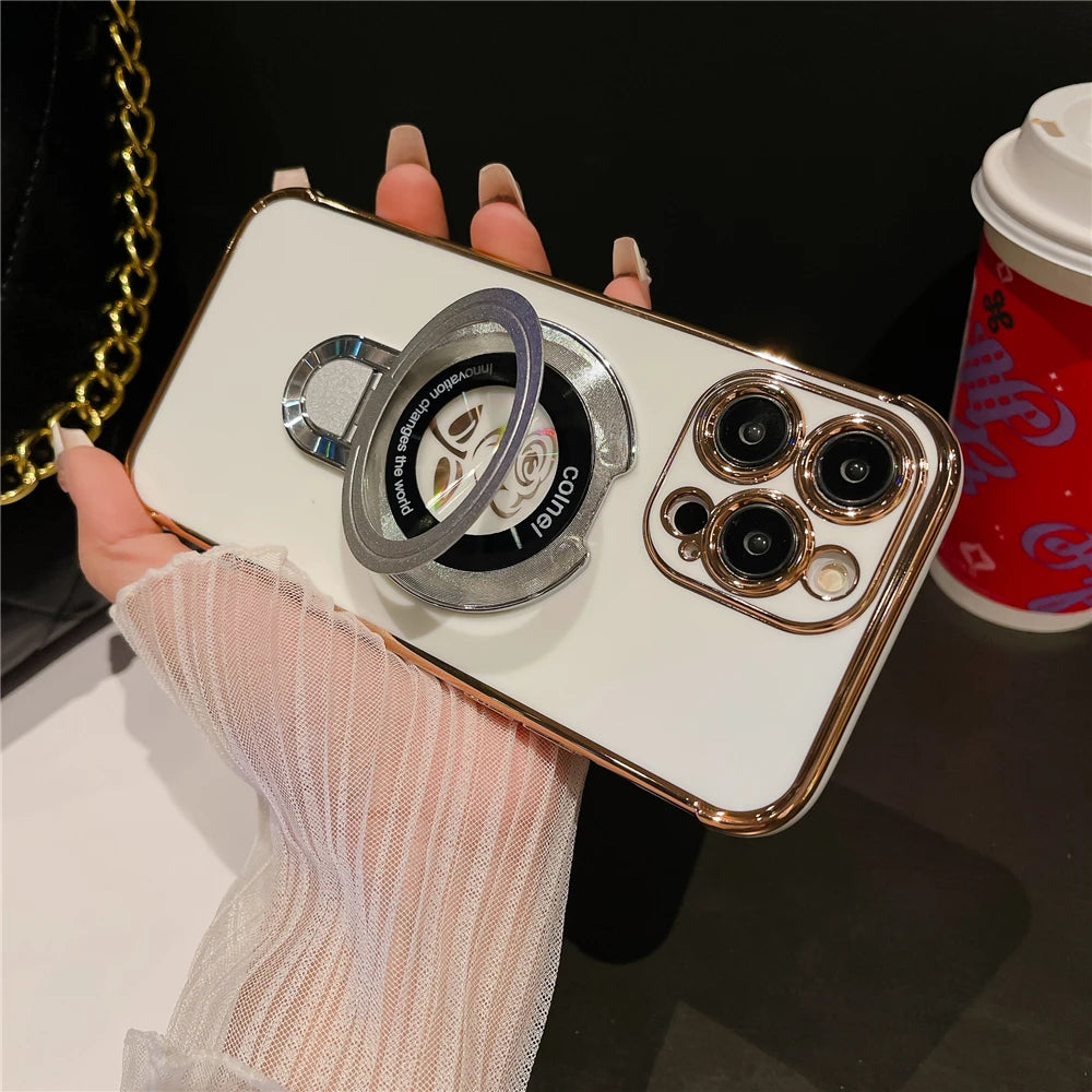 Luxury Plating Flower Frame Magsafe Magnetic Stand Phone Case For iPhone - (SF1009)