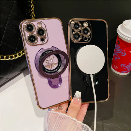 Luxury Plating Flower Frame Magsafe Magnetic Stand Phone Case For iPhone - (SF1009)