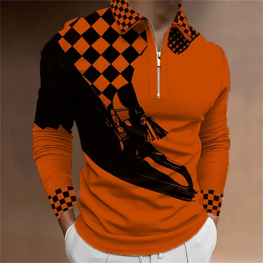 Amiriva Men’s Polo Shirt Golf Shirt with Plaid 3D Print, Long Sleeves, and Zipper Design – Sports Fashion Streetwear