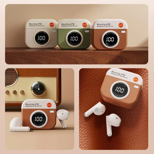Collage of three colorful speakers and a pair of white earbuds on a wooden shelf.