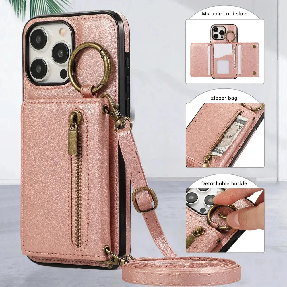 Zipper card holder leather phone case with ring and lanyard