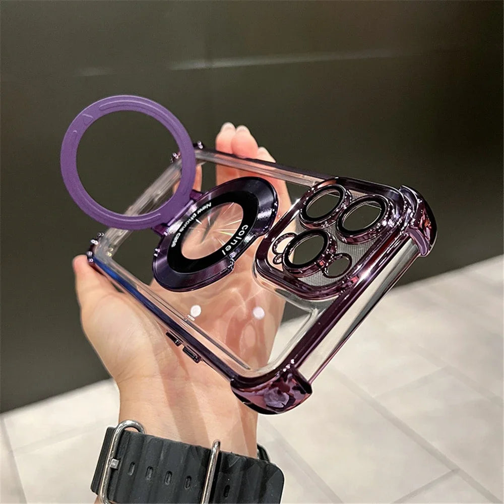Amiriva clear magnetic iPhone case with luxury plating and built-in metal ring stand for iPhone