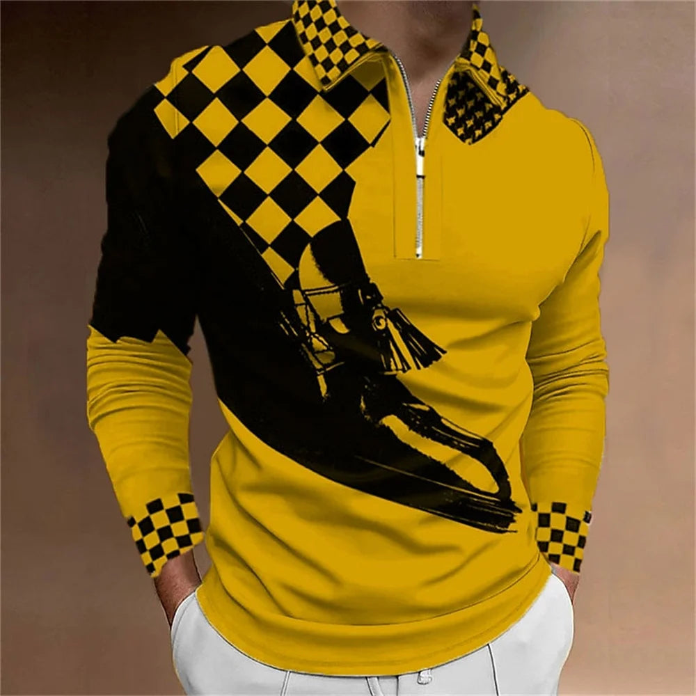 Amiriva Men’s Polo Shirt Golf Shirt with Plaid 3D Print, Long Sleeves, and Zipper Design – Sports Fashion Streetwear