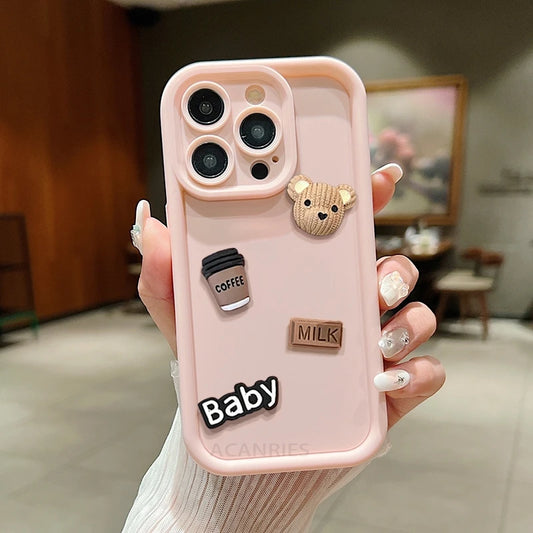 Cute 3D Bear Liquid Silicone Case For Iphone 14 15 16 Cartoon Soft Cover - (OF1002)