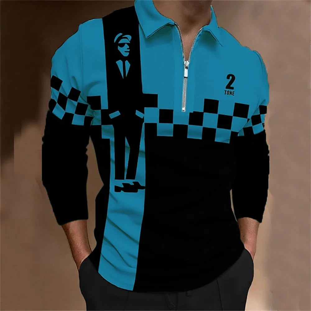Amiriva Men’s Polo Shirt Golf Shirt with Plaid 3D Print, Long Sleeves, and Zipper Design – Sports Fashion Streetwear