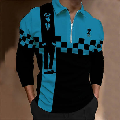 Amiriva Men’s Polo Shirt Golf Shirt with Plaid 3D Print, Long Sleeves, and Zipper Design – Sports Fashion Streetwear