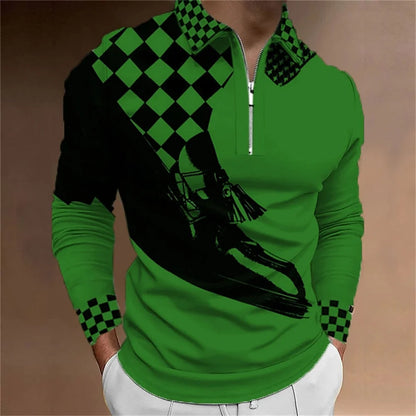 Amiriva Men’s Polo Shirt Golf Shirt with Plaid 3D Print, Long Sleeves, and Zipper Design – Sports Fashion Streetwear