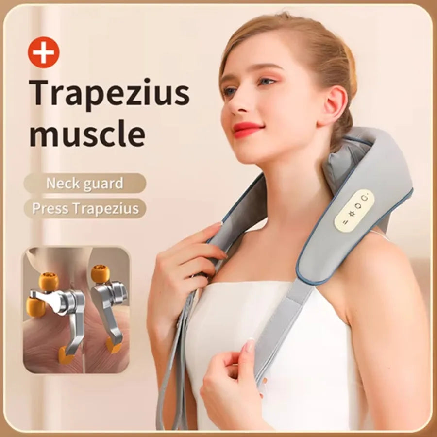Amiriva Wireless Neck and Shoulder Massager with Heat Function, designed for relaxation and comfort, showing the ergonomic massager draped around a person's neck and shoulders.