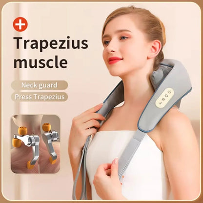 Amiriva Wireless Neck and Shoulder Massager with Heat Function, designed for relaxation and comfort, showing the ergonomic massager draped around a person's neck and shoulders.