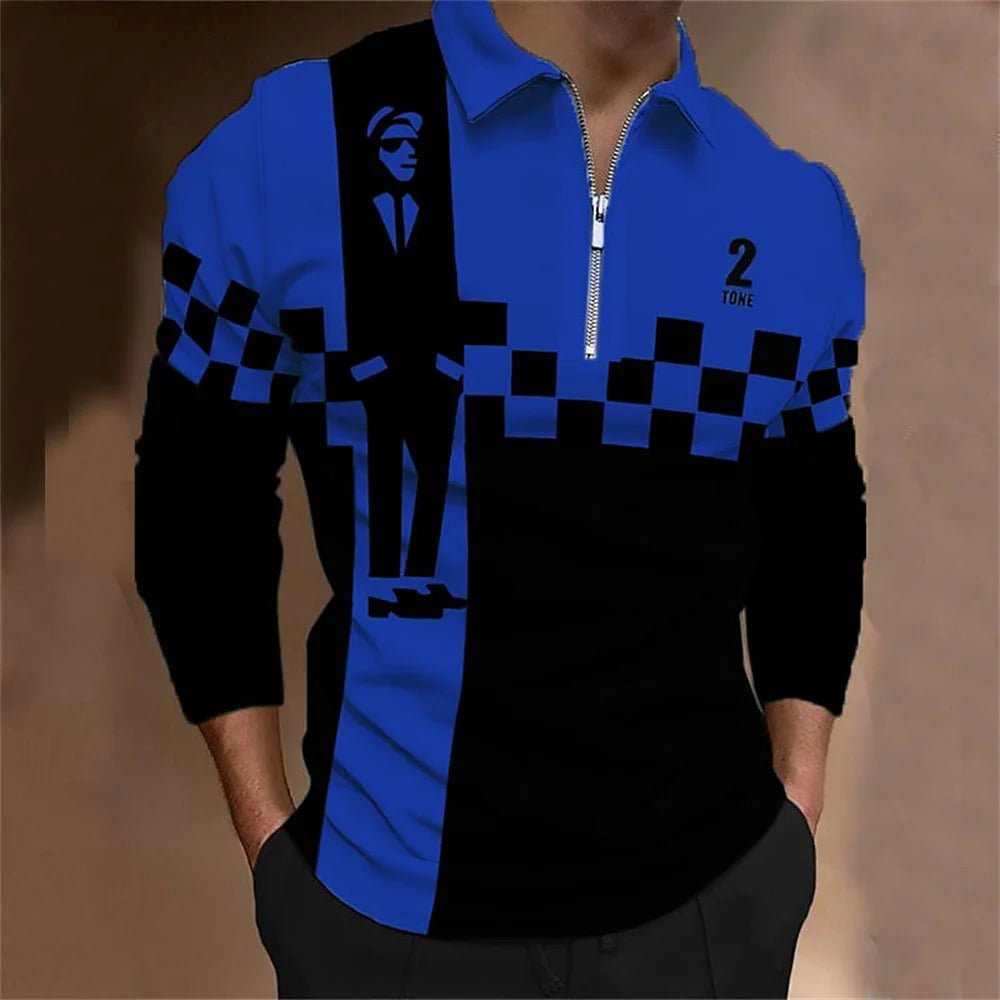 Amiriva Men’s Polo Shirt Golf Shirt with Plaid 3D Print, Long Sleeves, and Zipper Design – Sports Fashion Streetwear