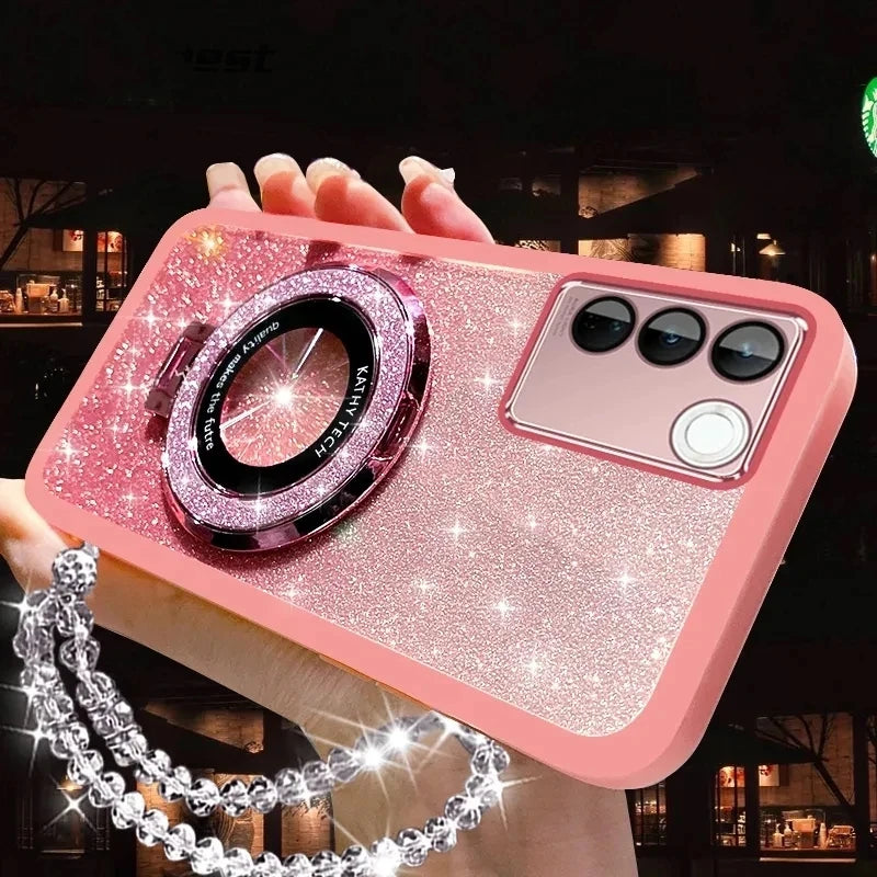 Glitter Crystal Bracelet Magsafe Phone Case for Samsung Galaxy S24 S23 S22 – Transparent Soft Silicone with Kickstand – Amiriva