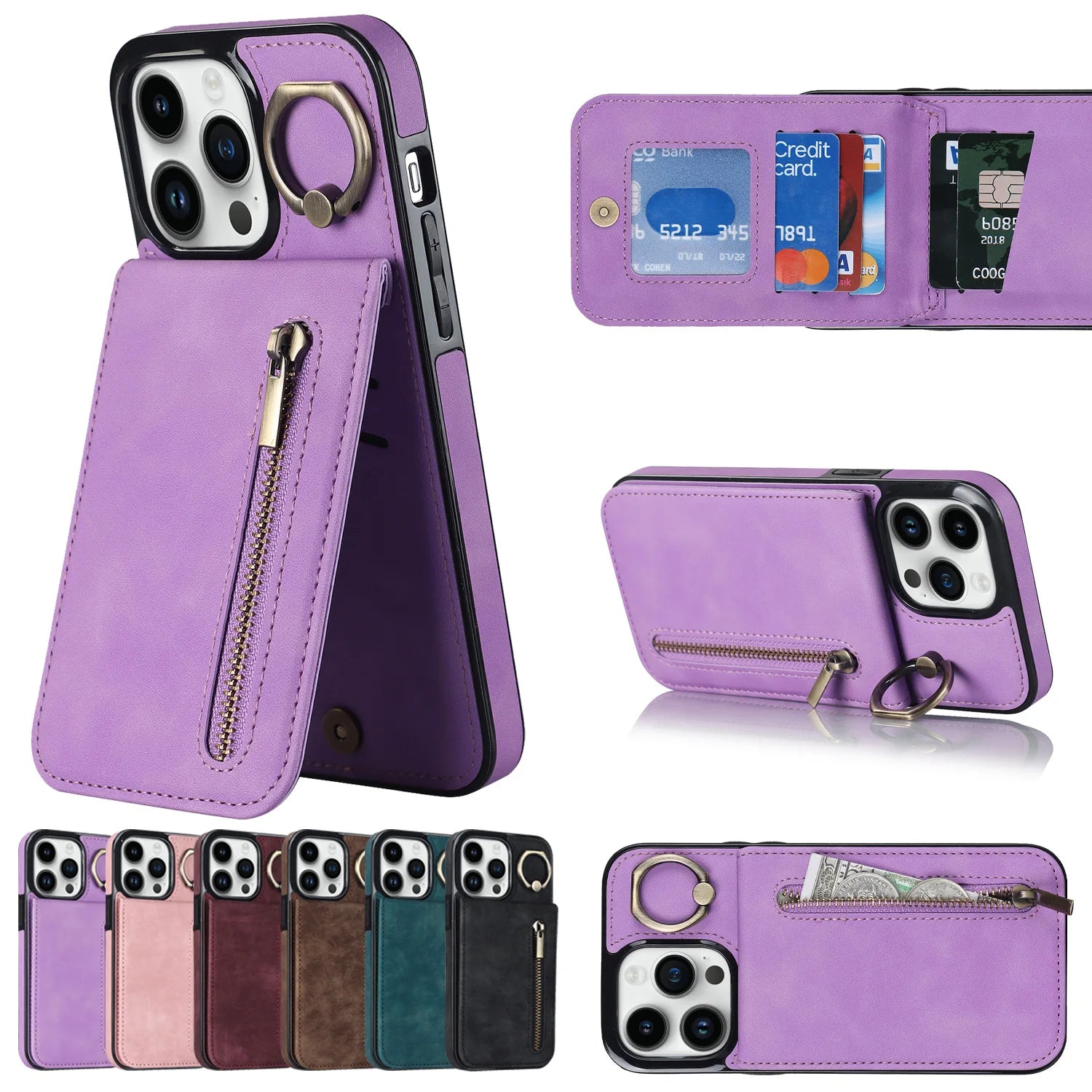 Zipper leather wallet iPhone case with RFID and card slots