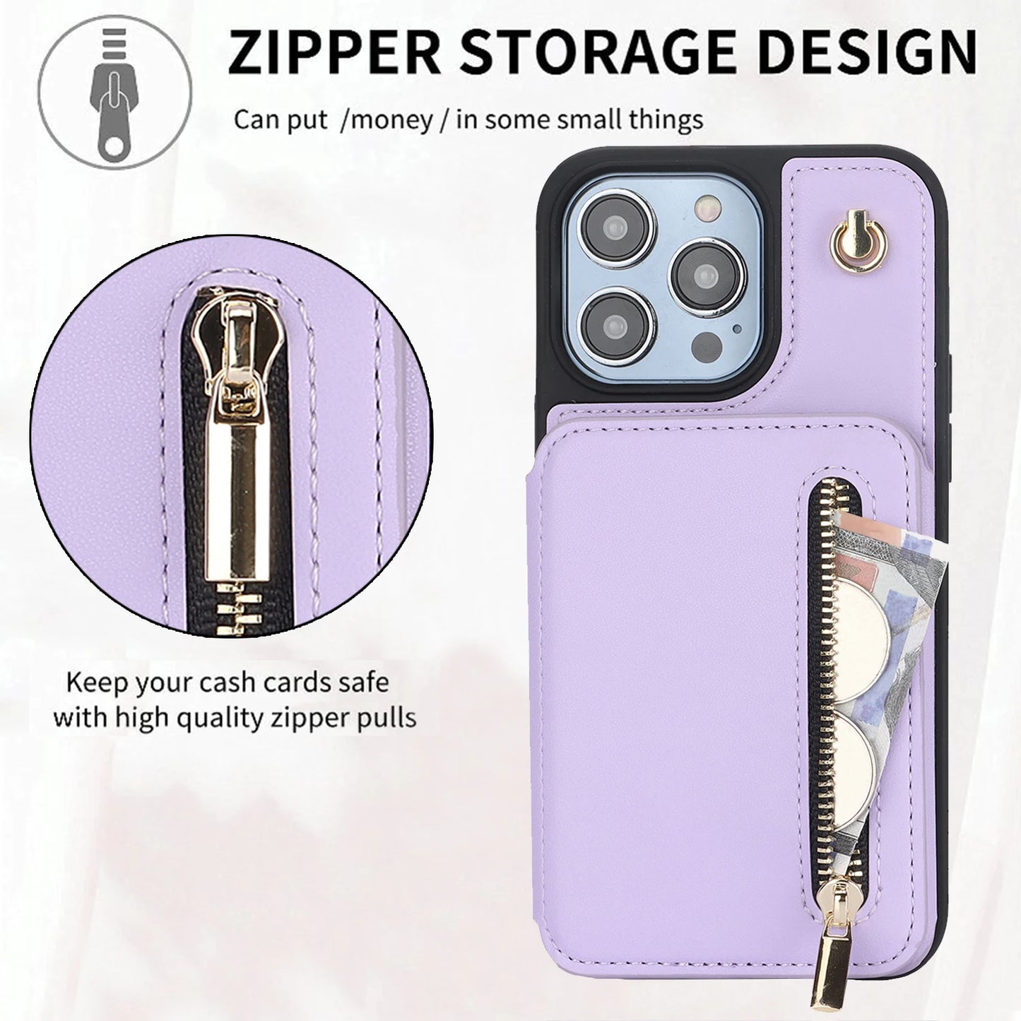 Amiriva Zipper Crossbody Leather RFID Wallet Case for iPhone Multifunction Case with Card Storage, Lanyard & Anti-Theft Protection - (IPZP01)