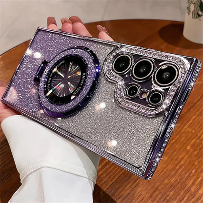 Luxury Bling Glitter Magnetic Stand Case for Samsung Galaxy S24 S23 Ultra with Diamond Frame & Kickstand – Amiriva