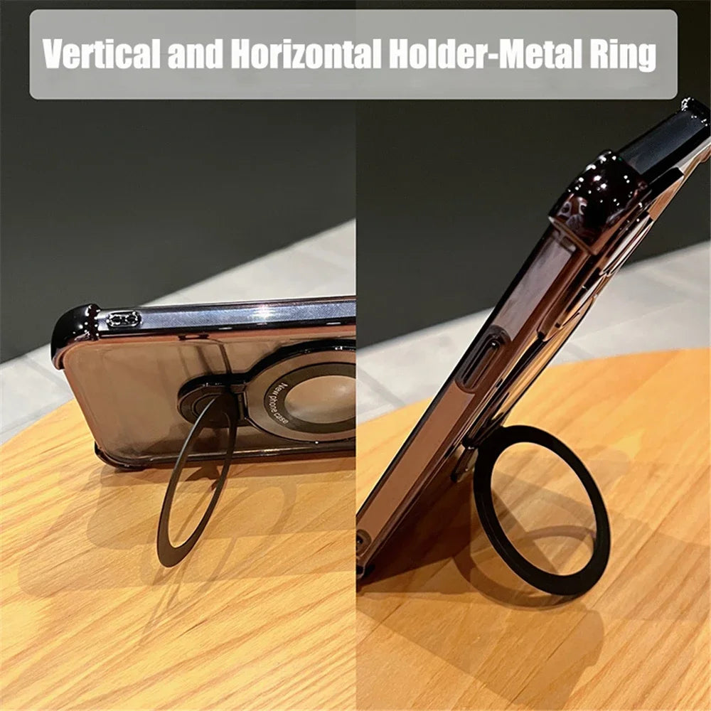 Amiriva clear magnetic iPhone case with luxury plating and built-in metal ring stand for iPhone