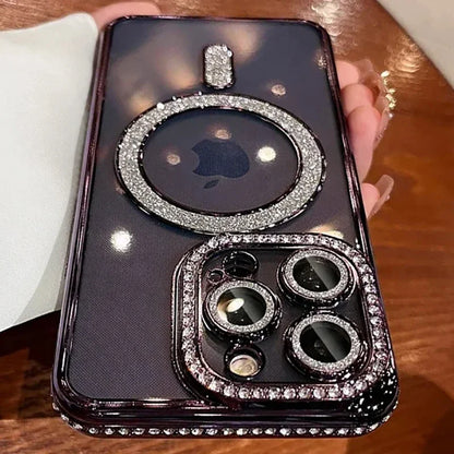 Woman holding iPhone with Amiriva glitter diamond case – stylish and protective